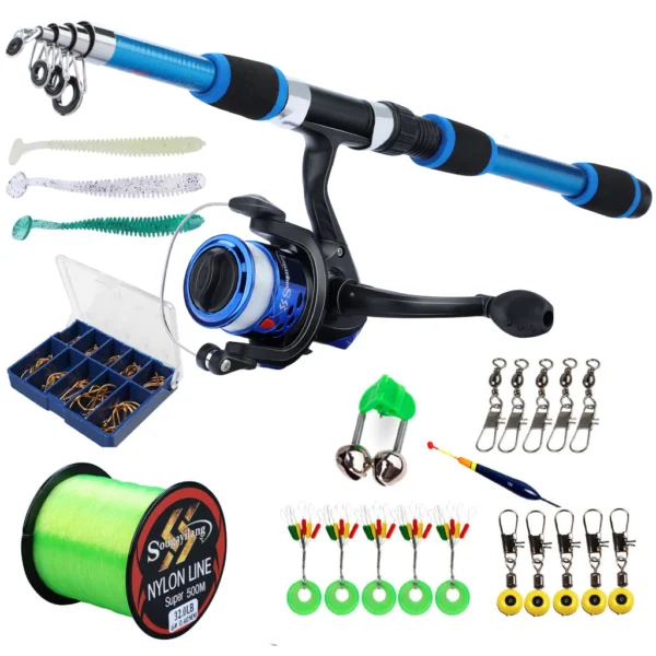 Full Set Fishing Rod Telesscopic Portable Glass Fiber 5 Color and Spinning Reel with Line Lure
