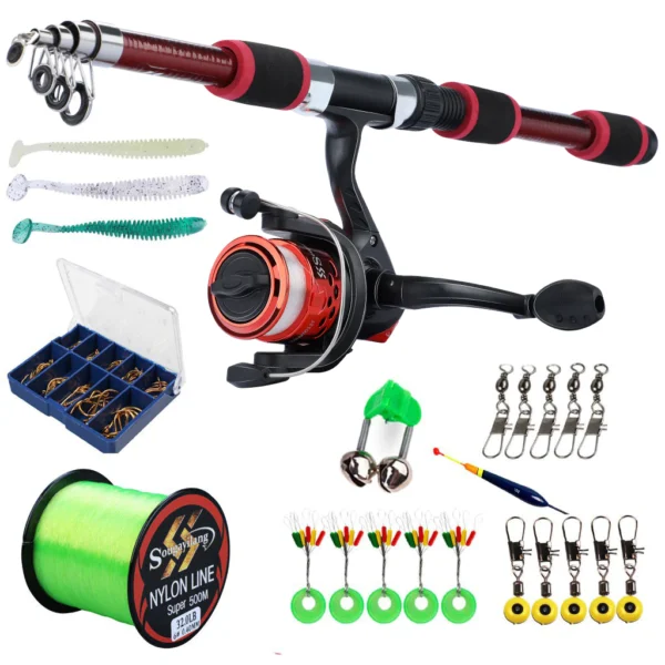 Full Set Fishing Rod Telesscopic Portable Glass Fiber 5 Color and Spinning Reel with Line Lure