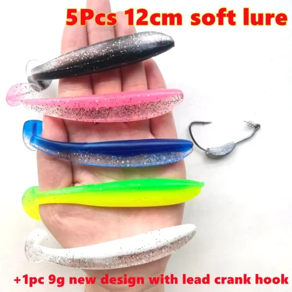 5Pcs Big Size Soft Paddle Tail Bait Fishing Lures and 1Pc Lead Weighted Barbed Crank Hook With Twist Lock