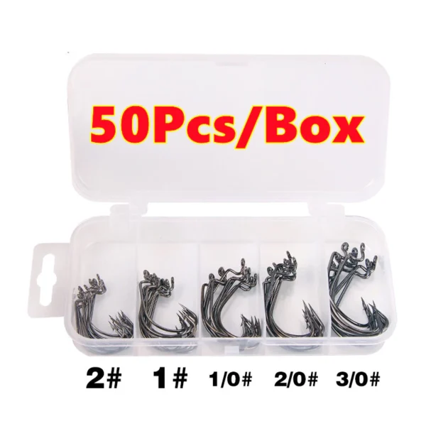 50 Pieces Per Box Wide Gap High Carbon Steel Fishing Hooks Worm Bait Jig Tackle