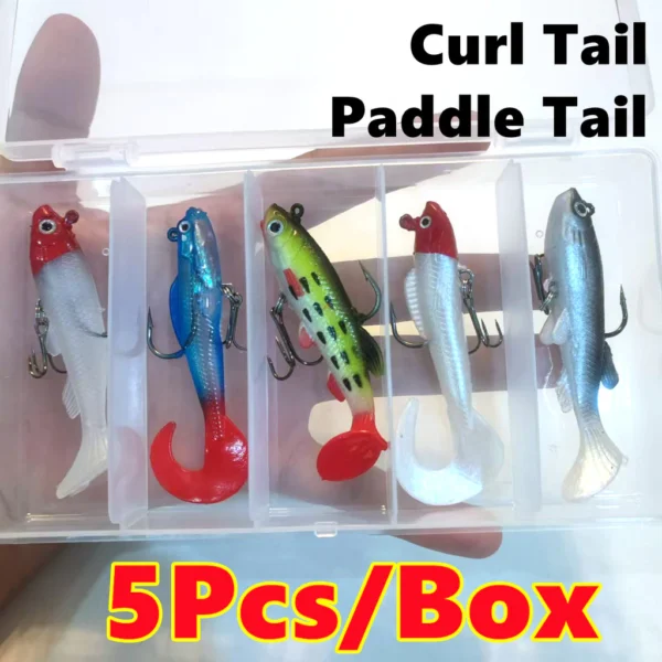 5Pcs Per Box Lifelike Mix Color Curl Paddle Tail Swimbaits Fishing Lure Soft Lure 9cm Artificial Bait Fishing Tackle Realistic Swimbait With Treble Hook